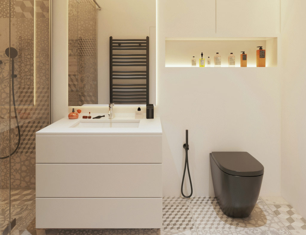 A iluminação embutida e cuba de apoio são soluções que valorizam as texturas e facilitam a limpeza. Fonte: Unsplash