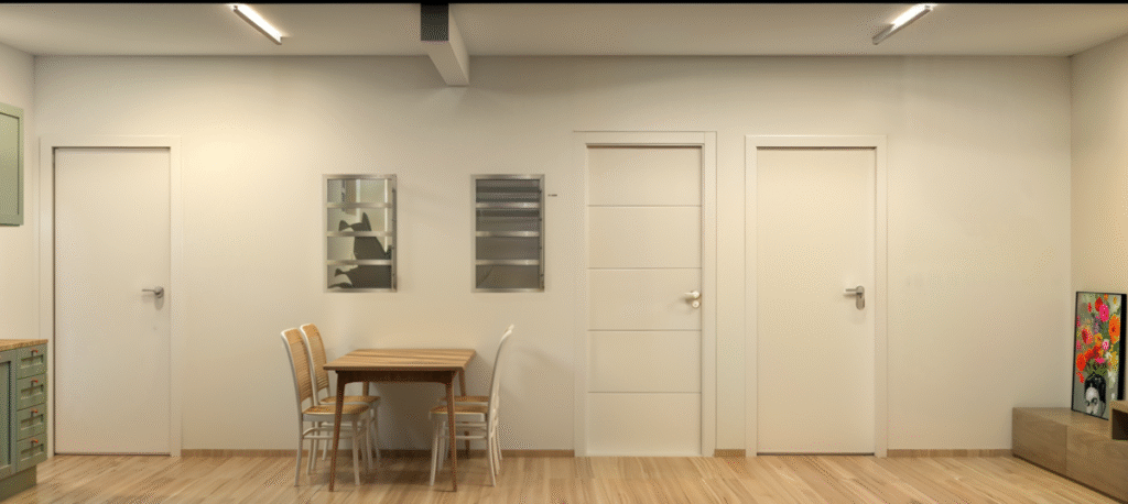 Portas e espelhos na área social, garantindo funcionalidade e um design clean. Projeto: 90% Arquitetura.