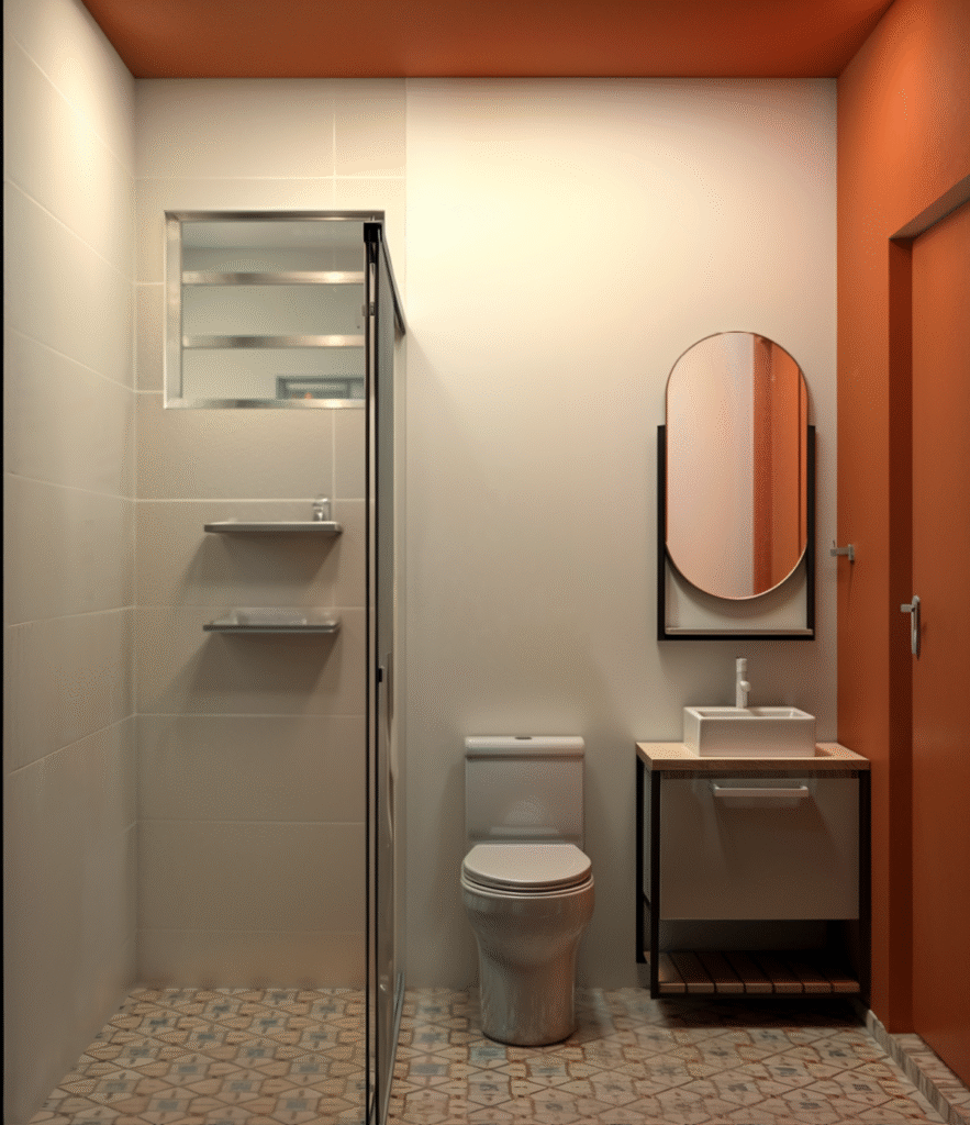 O banheiro com seu revestimento colorido, espelho oval e iluminação aconchegante. Projeto: 90% Arquitetura.