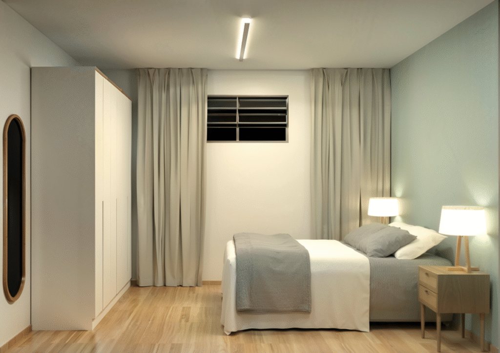 A cortina em tecido é um elemento-chave que adiciona textura e aconchego ao quarto. Projeto: 90% Arquitetura.