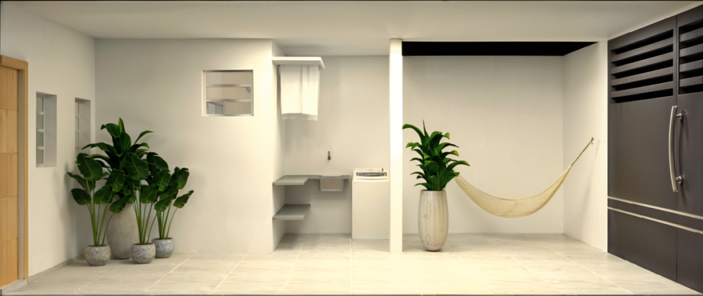 Área de serviço com toque de lazer: a rede cria um ambiente convidativo ao ar livre. Projeto: 90% Arquitetura.