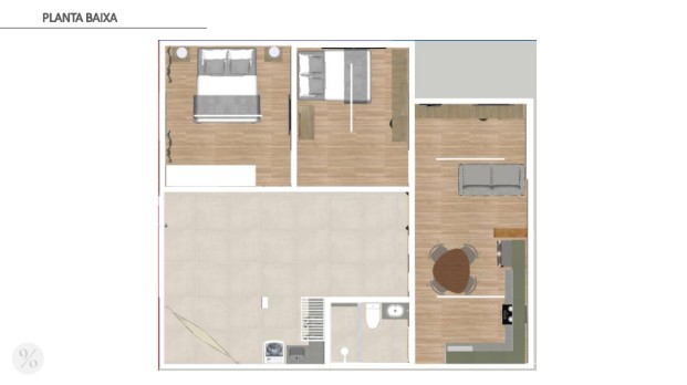 Planta Baixa: A distribuição inteligente dos 70m² da Residência Ingá, garantindo integração e funcionalidade. Projeto: 90% Arquitetura.