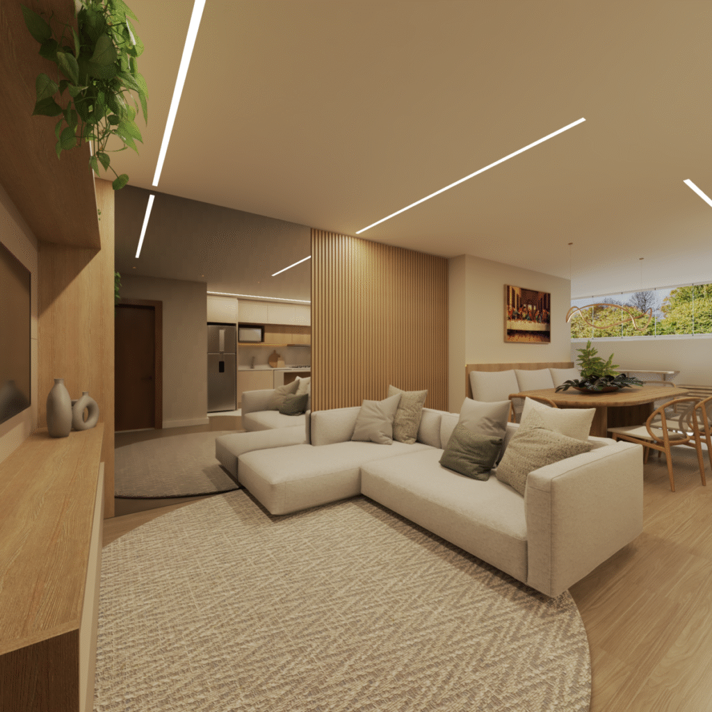 A sala de estar ganhou amplitude com o espelho e o painel ripado. Projeto: Andressa Cechetti Arquitetura e Interiores.