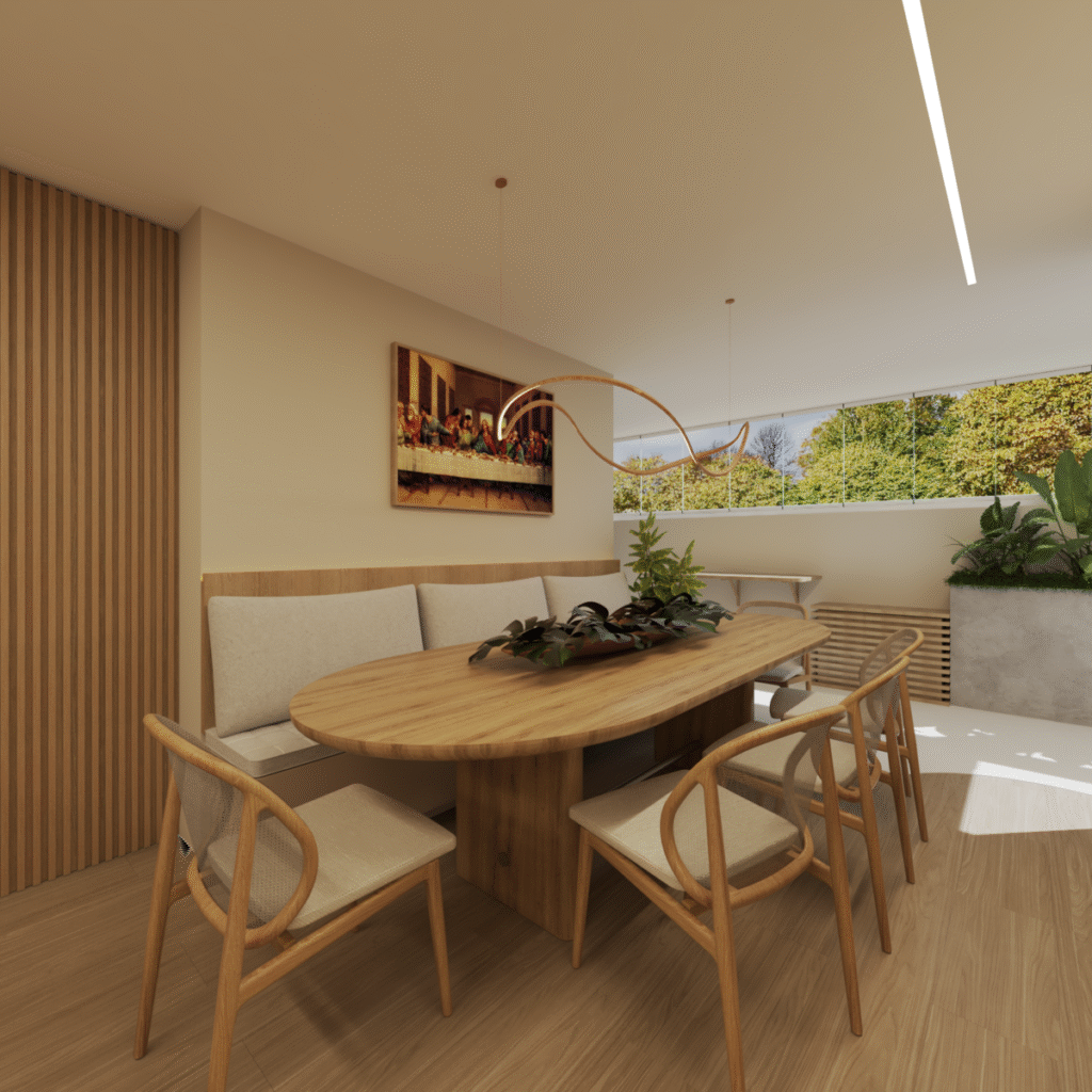 A mesa de jantar acomoda a família e convidados com muito conforto. Projeto: Andressa Cechetti Arquitetura e Interiores.