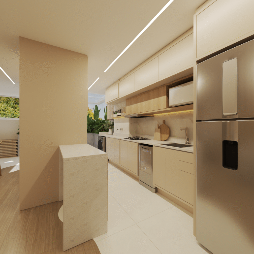 A marcenaria clara e funcional garante a praticidade na rotina da família. Projeto: Andressa Cechetti Arquitetura e Interiores.