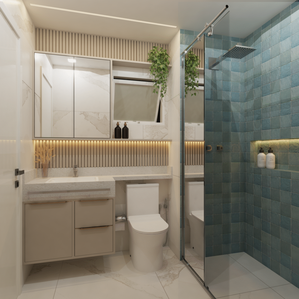 Detalhes em marcenaria e nichos no box otimizam o espaço do banheiro. Projeto: Andressa Cechetti Arquitetura e Interiores.