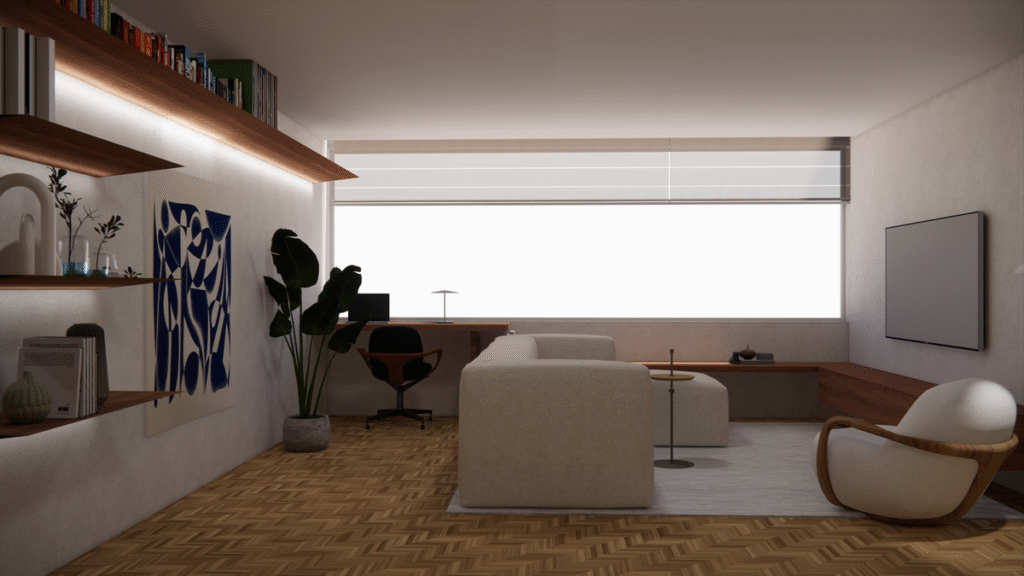 O Home Office, que também serve a filha do casal, foi posicionado de forma a receber luz natural e se integrar sutilmente à sala. Projeto: Brasílio Arquitetura.