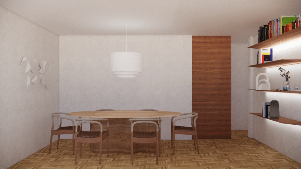 A mesa oval de jantar é o ponto de encontro da família. Projeto: Brasílio Arquitetura.