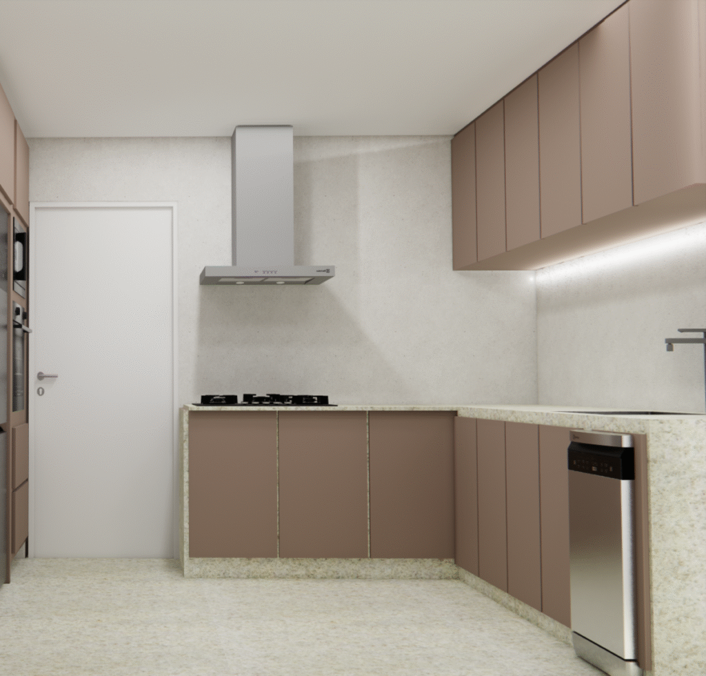 O layout em 'U' facilitou a circulação e a instalação da máquina de lavar louça. Projeto: Brasílio Arquitetura.