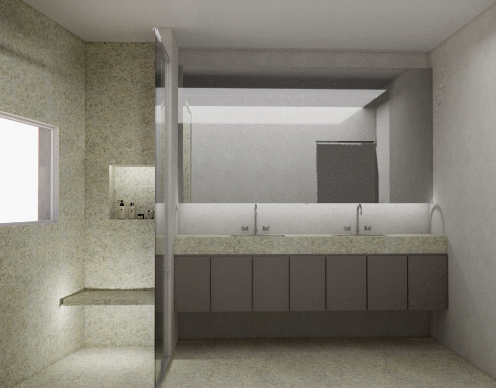 O banheiro da suíte tem design clean e funcional, com bancada dupla. Projeto: Brasílio Arquitetura.