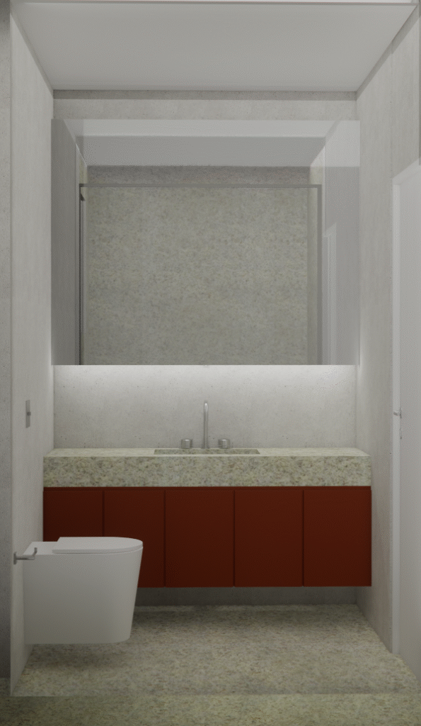 O banho social com bancada colorida, atendendo ao Quarto dos Netos e à área social. Projeto: Brasílio Arquitetura.