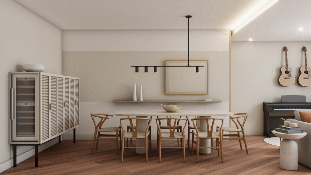 A sala de jantar integrada com a adega embutida e a cristaleira com palhinha, valorizando o design Japandi. Projeto: Estúdio KC Arquitetura.