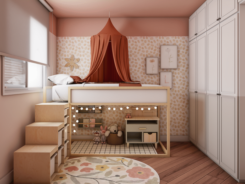 A cama Kura, com dossel e escada com gavetas, otimiza o espaço e cria uma área lúdica. Projeto: Estúdio KC Arquitetura.