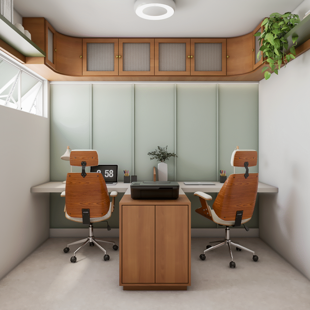 O escritório foi planejado com ergonomia para atender as necessidades de duas pessoas. Projeto: Estúdio KC Arquitetura.