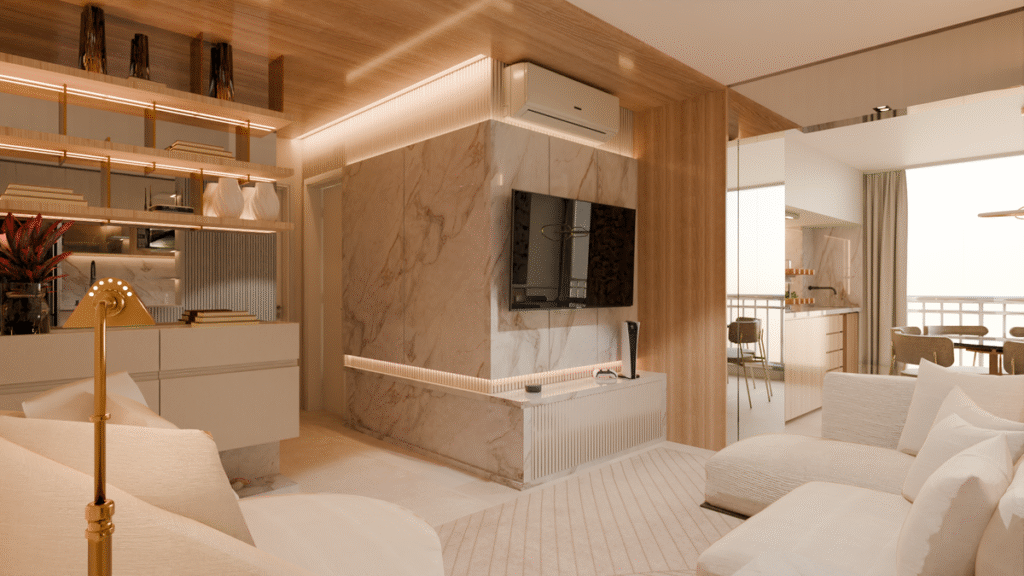 A sala de estar projetada para ser um refúgio de bem-estar. Projeto: MM Arquitetura.