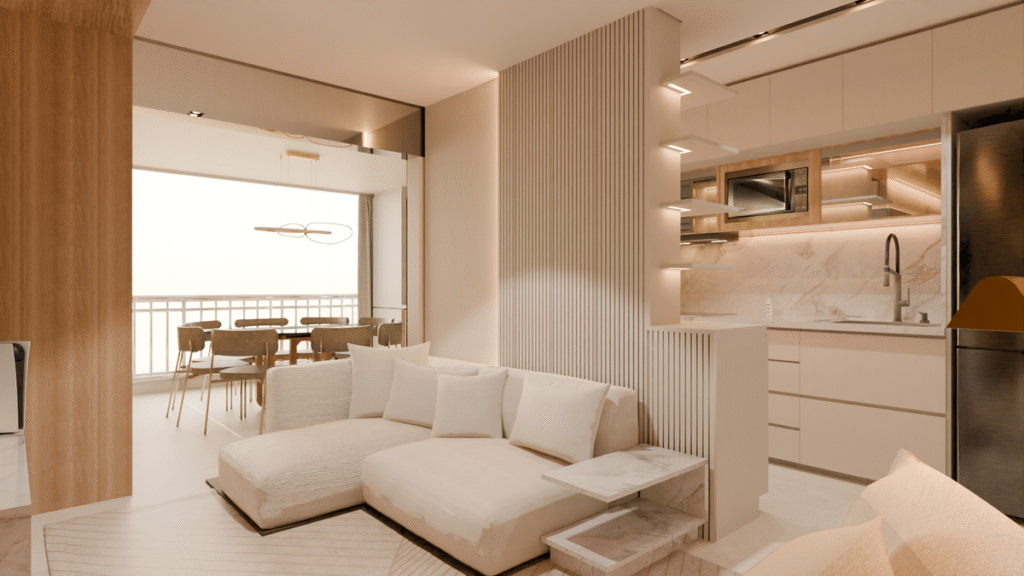 Detalhe da sala de estar com sofá modular e vista para a sala de jantar integrada. Projeto: MM Arquitetura.