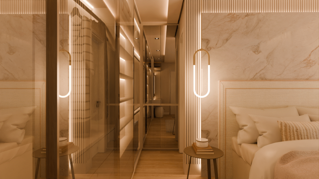 A cabeceira estofada e o painel em mármore trazem luxo e aconchego para a suíte. Projeto: MM Arquitetura.