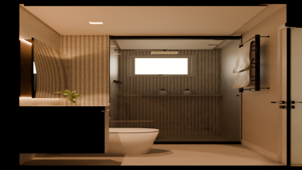 O banheiro com revestimentos em tons neutros, que seguem a linguagem dos ripados. Projeto: MM Arquitetura.