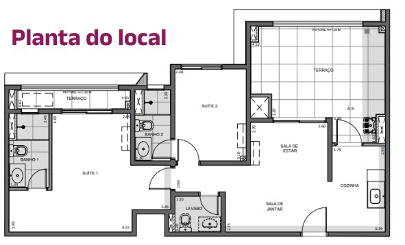 Planta do apartamento: 75m² com 2 suítes e área social integrada. Projeto: MM Arquitetura.