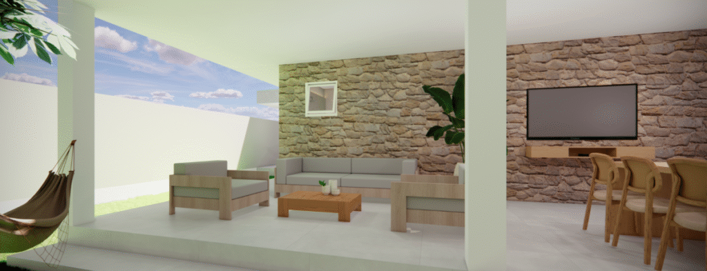 A área externa ganhou um espaço de convivência com poltronas e sofá, destacada pela parede de pedra. Projeto: Sávio Rangel Nogueira.