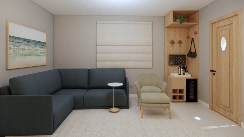 A marcenaria inteligente criou um canto de bar e leitura, acomodando a coleção de vinhos e um quadro de rolhas, conforme solicitado no briefing. Projeto: Sávio Rangel Nogueira.