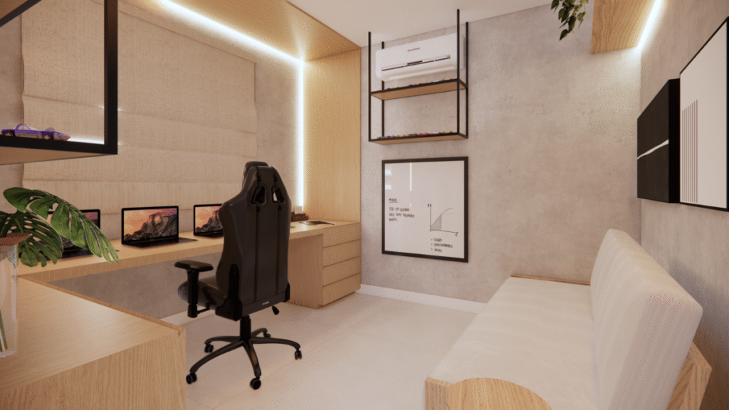 O escritório foi desenhado para acomodar o trabalho de forma eficiente, com foco em armazenamento e iluminação. Projeto: Sávio Rangel Nogueira.