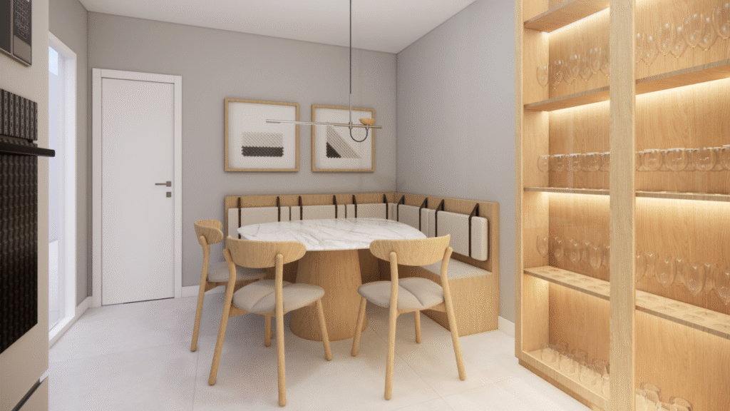 O canto alemão otimiza o espaço da copa e oferece um local de armazenamento extra. Projeto: Sávio Rangel Nogueira.