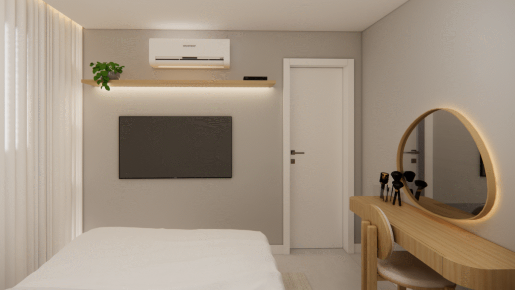 A suíte master segue a paleta neutra e atemporal, com destaque para a penteadeira e a iluminação em LED. Projeto: Sávio Rangel Nogueira.