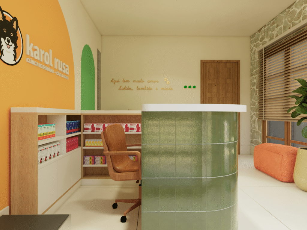 A marcenaria do balcão combina Freijó e Off White, criando um contraste elegante com o revestimento verde. Projeto: Arcas Estúdio Colaborativa.