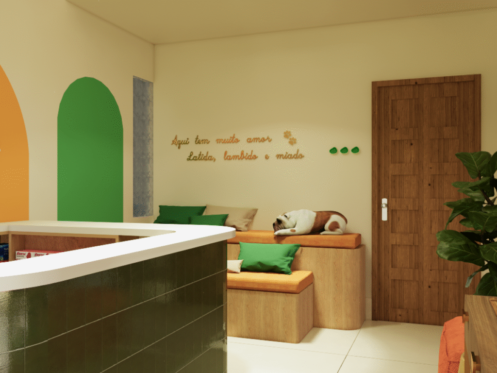 O banco fixo de alvenaria e os futons com tecido de fácil limpeza garantem conforto e praticidade. Projeto: Arcas Estúdio Colaborativa.