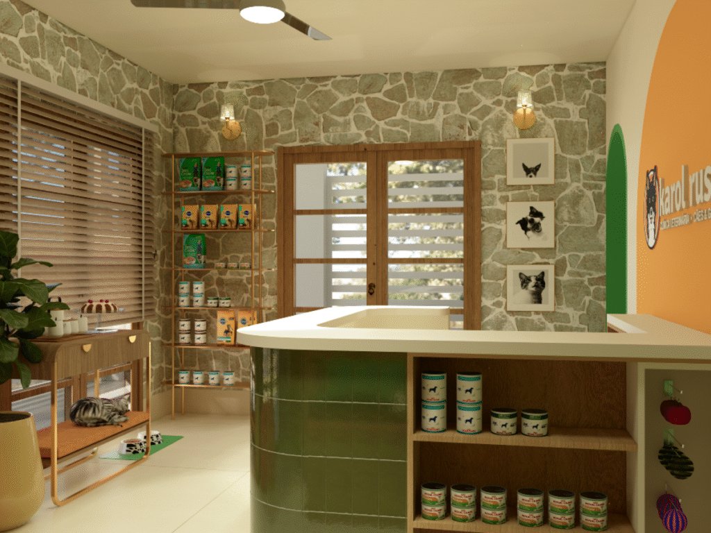 As gôndolas metálicas douradas cumprem a função de expositores de farmácia e pet shop. Projeto: Arcas Estúdio Colaborativa.