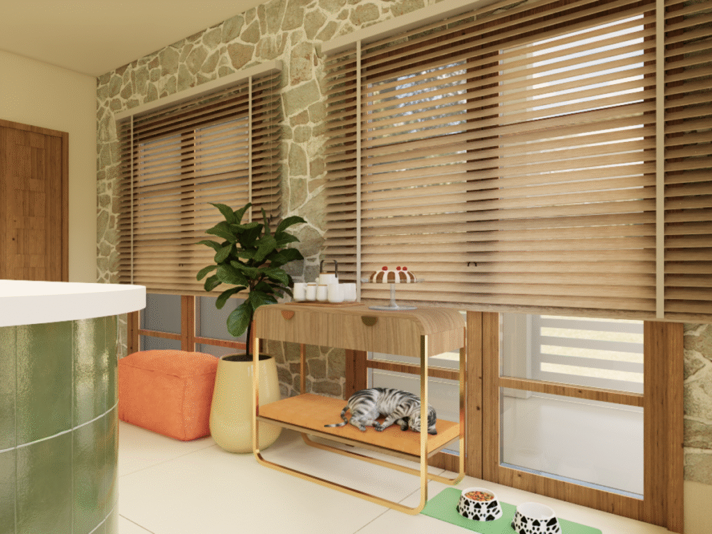 O cantinho do café e o espaço de descanso para o pet, com um ambiente de espera acolhedor. Projeto: Arcas Estúdio Colaborativa.