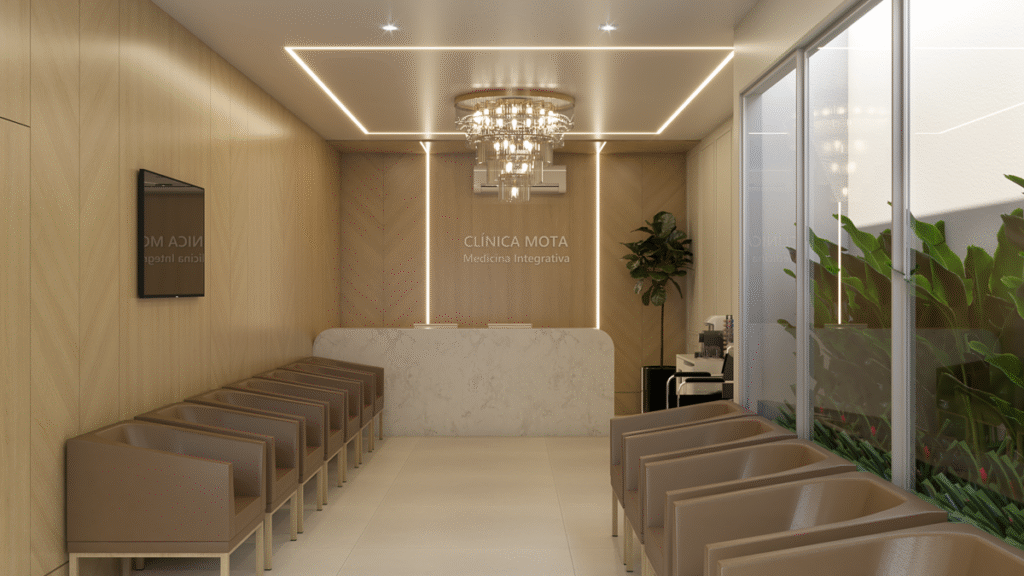 A recepção acolhedora com elementos que reforçam a estética neoclássica do Projeto de Interiores Clínica Mota em Santa Catarina. Projeto: Maiz Arquitetura e Paisagismo.