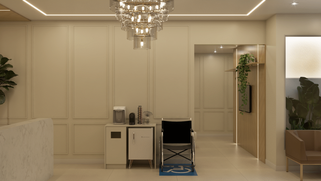 Espaço reservado e funcional para cadeirantes, garantindo conforto e inclusão na Clínica Mota. Projeto: Maiz Arquitetura e Paisagismo.