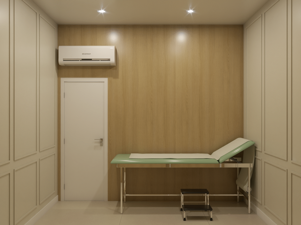 A área de triagem prioriza a otimização da rotina clínica com mobiliário prático e funcional. Projeto: Maiz Arquitetura e Paisagismo.