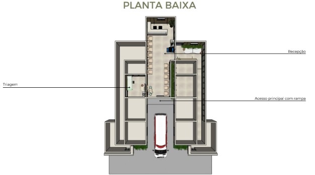 Planta Baixa detalhada, evidenciando o fluxo funcional da Clínica Mota. Projeto: Maiz Arquitetura e Paisagismo.