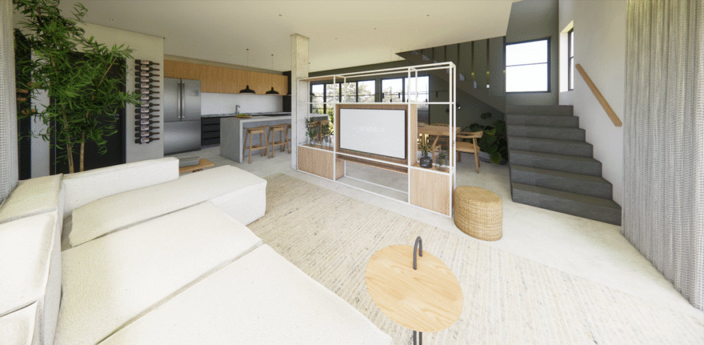 A estante vazada da TV funciona como divisória sutil entre a sala e a escada, mantendo a sensação de amplitude. Projeto: JJ Giovanella Arquitetura.