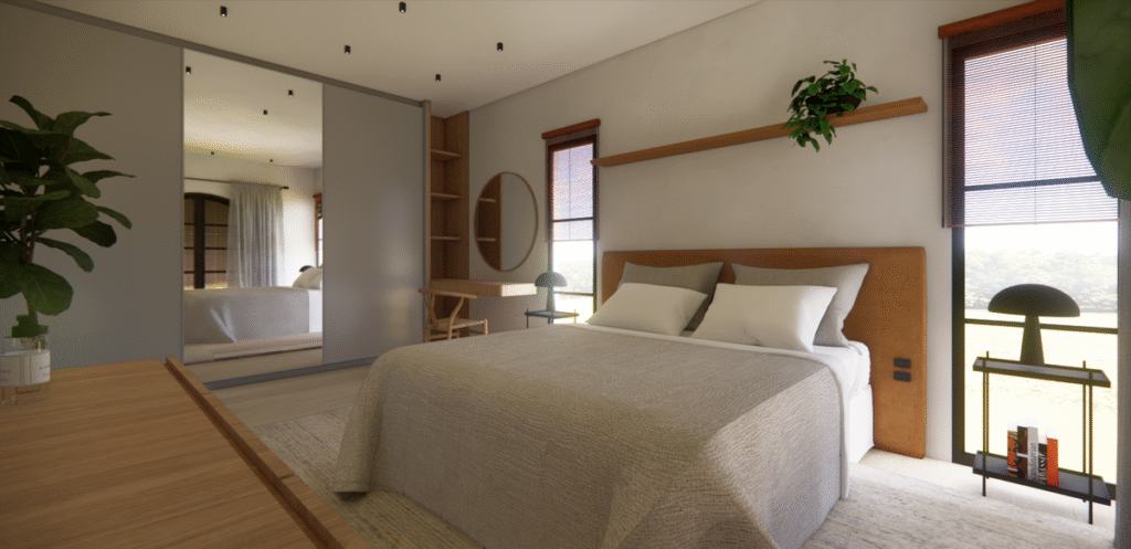 A circulação confortável e a marcenaria planejada garantem organização e conforto na suíte master. Projeto: JJ Giovanella Arquitetura.