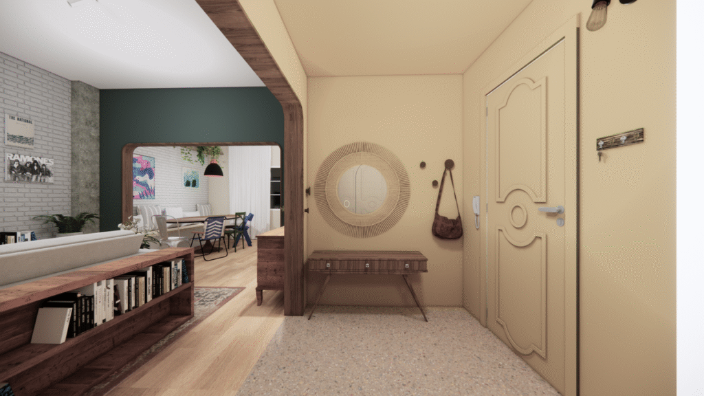 O hall de entrada, que fica do lado de fora da porta principal, foi reformado com piso de Granilite. Projeto: Iberê Estúdio.