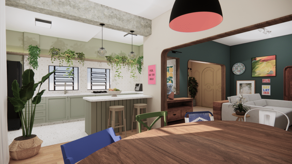 A mesa de jantar fica ao lado da cozinha, facilitando a interação e o serviço. Projeto: Iberê Estúdio.