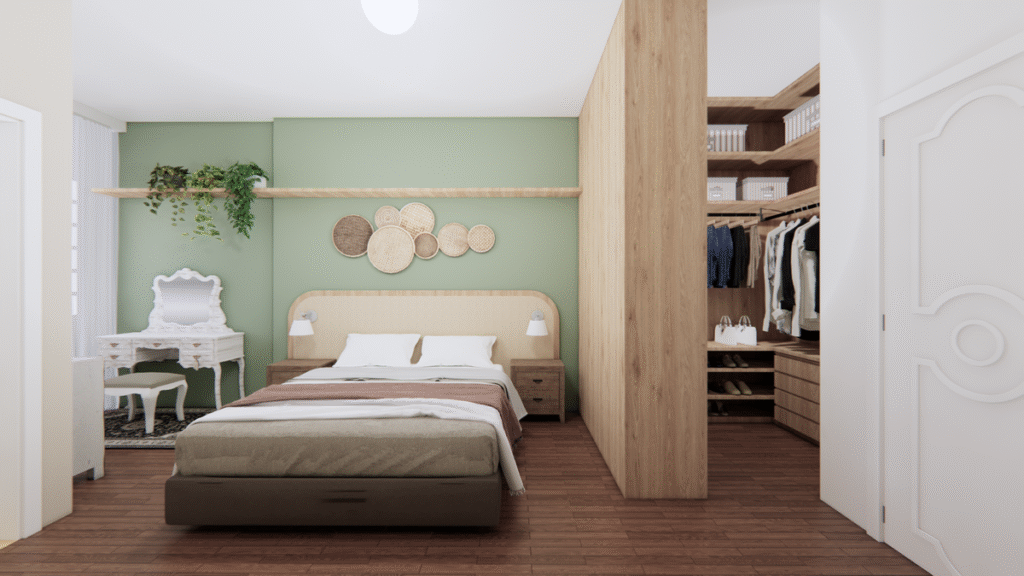 A cabeceira de madeira com iluminação indireta foi crucial para o conforto no quarto. Projeto: Iberê Estúdio.