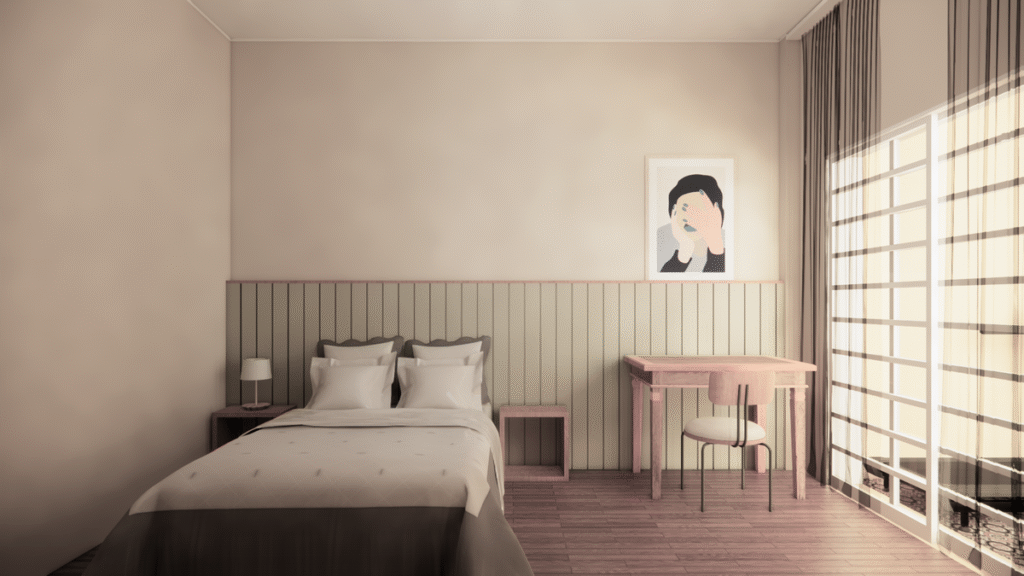 O quarto de visitas, conectado à varanda, priorizou a praticidade com uma cabeceira acolhedora. Projeto: Iberê Estúdio