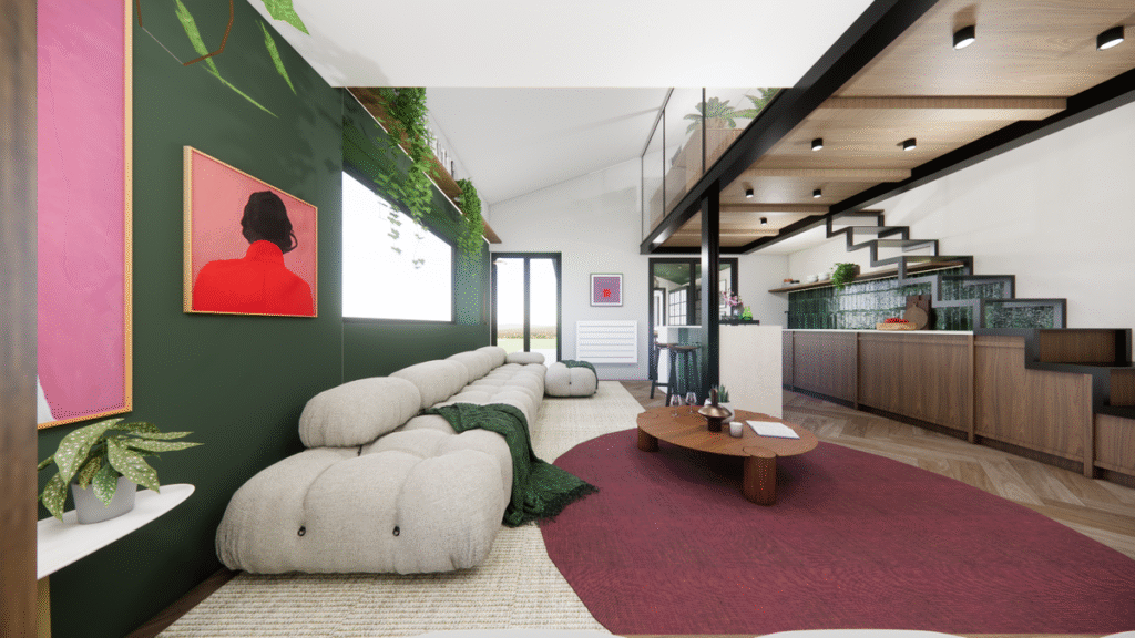 A paleta de cores frias e suaves, com toques de verde, abraça a sala de estar. Projeto: JJ Giovanella Arquitetura.