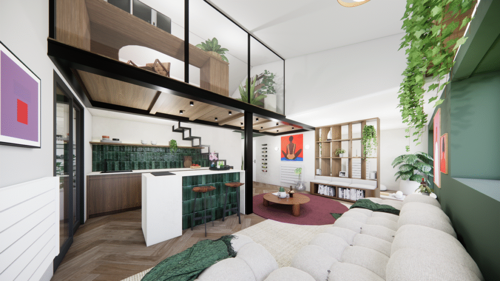 A escada metálica vazada, além de funcional, é um elemento de design que se integra à estética industrial. Projeto: JJ Giovanella Arquitetura.