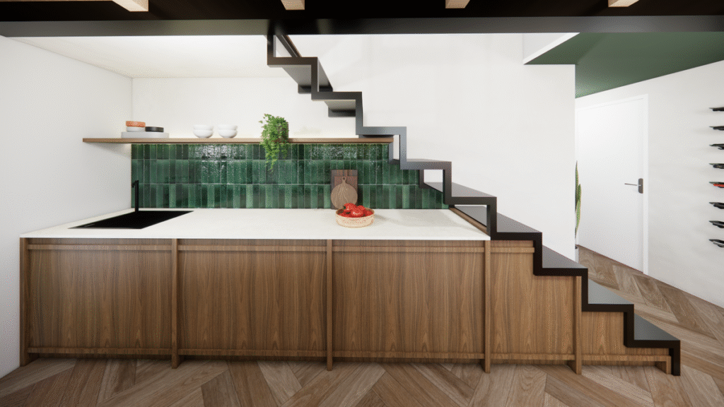 O ladrilho verde esmeralda no backsplash adiciona textura e personalidade à cozinha. Projeto: JJ Giovanella Arquitetura.