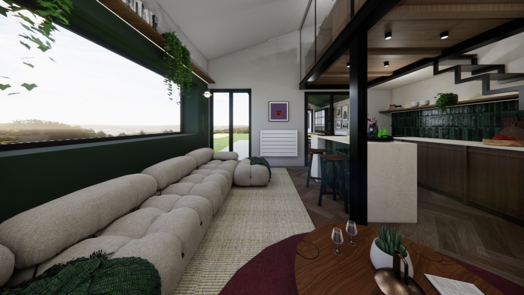 O contraste entre o teto em madeira do mezanino e a estrutura metálica reforça o toque contemporâneo. Projeto: JJ Giovanella Arquitetura.