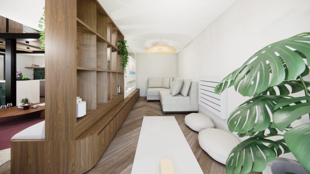 A estante de madeira é o elemento central que organiza a circulação e o armazenamento na área social. Projeto: JJ Giovanella Arquitetura.