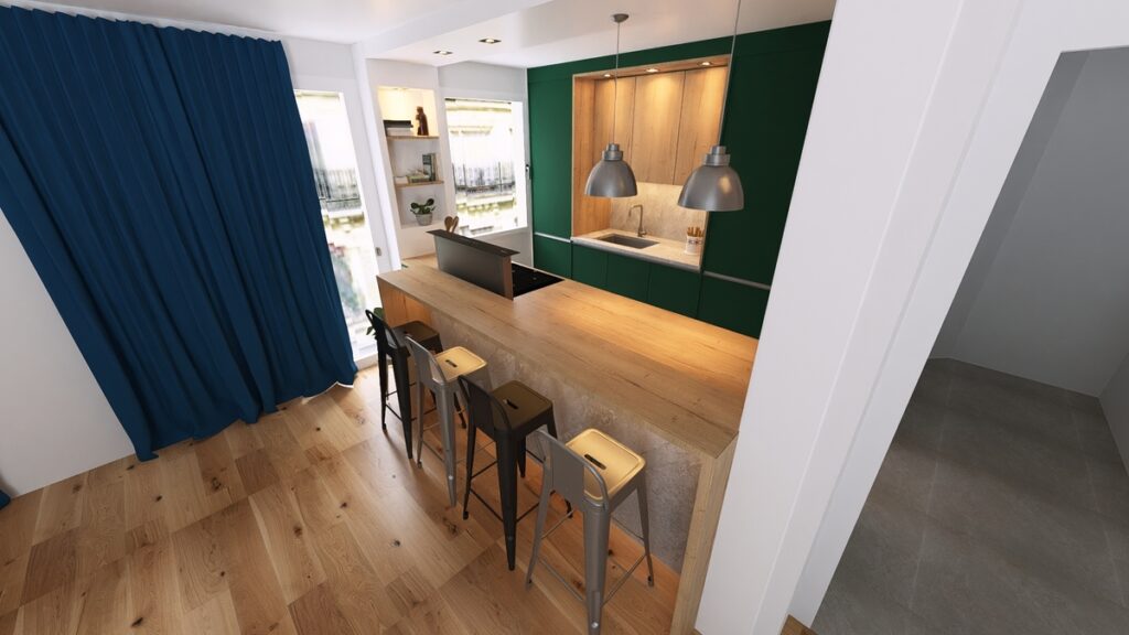 O layout em corredor otimiza a área, separando a zona de cocção da zona de lavagem. Projeto: GAS Arquitetura e Design.