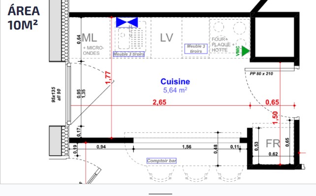 A planta detalha a disposição do fogão (FOOR+PLAQUE+HOTTE), lava-louças (LV) e geladeira (FR). Projeto: GAS Arquitetura e Design.