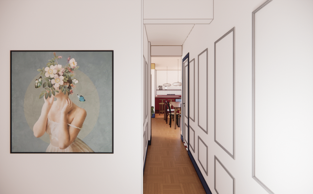 O corredor recebeu painéis em boiserie e um grande quadro que remete à natureza e à brasilidade. Projeto: OF BRASILIS.